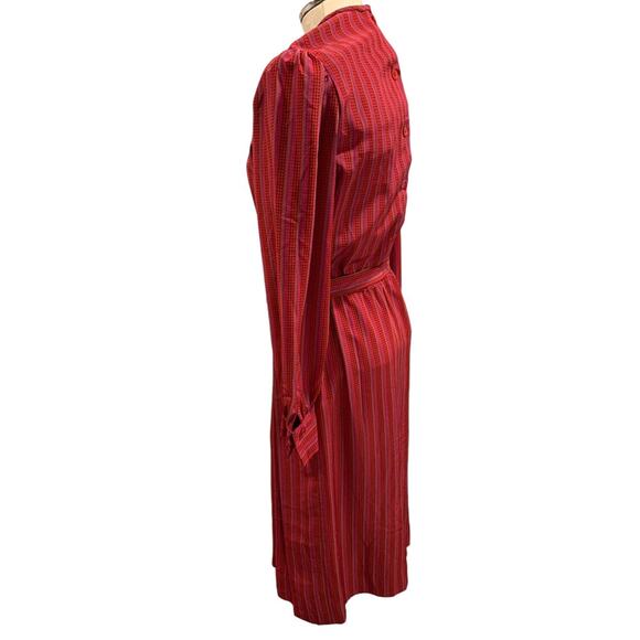Medium Vintage 1970s Red Micro Print Midi Dress Belted Pleated Pockets - Picture 6 of 8